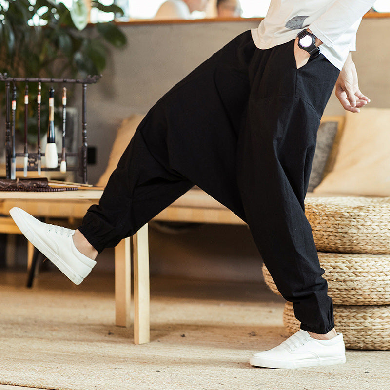 Linen Pants Men's Retro Plus Size Drop Harem Pants
