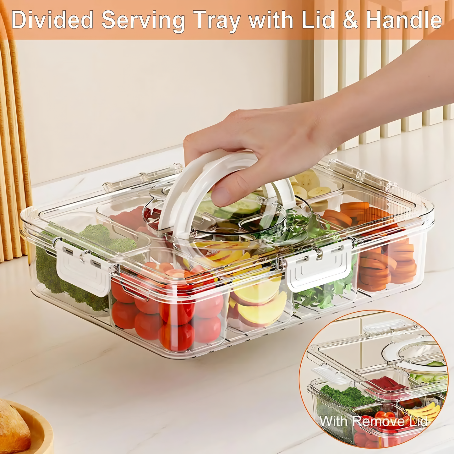 Divided Snack Serving Tray with Lid & Handle — Portable Veggie & Fruit Platter