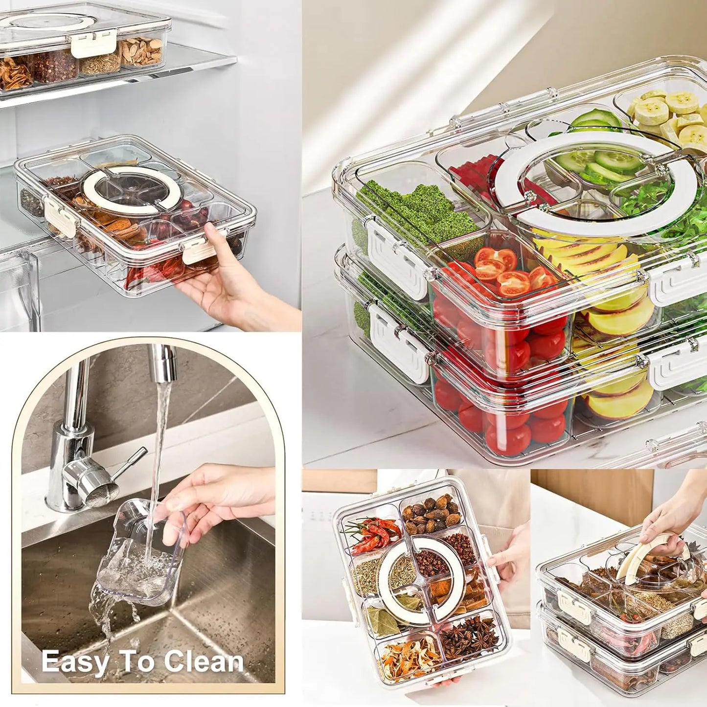 Divided Snack Serving Tray with Lid & Handle — Portable Veggie & Fruit Platter
