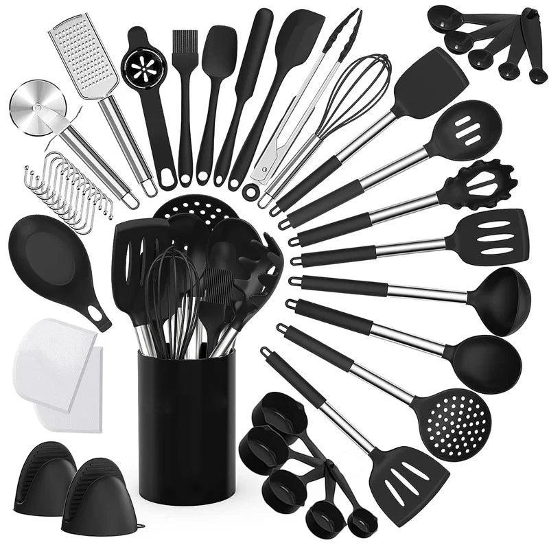 43-Piece Silicone Kitchen Utensil Set — Heat-Resistant, Non-Stick Safe with Stainless Steel Handles