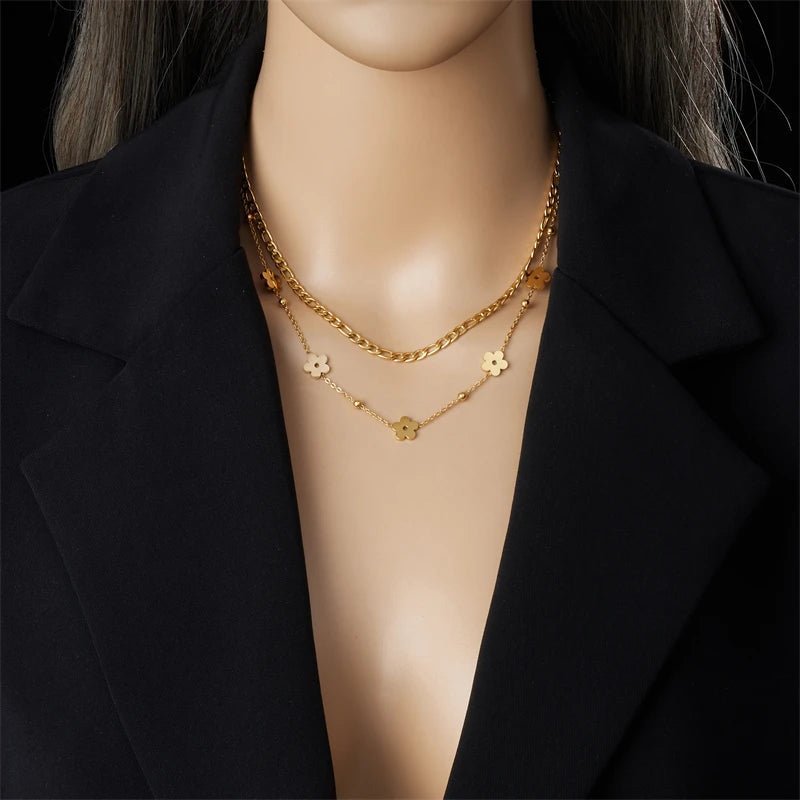 Gold Double-Layer Flower Stainless Steel Necklace