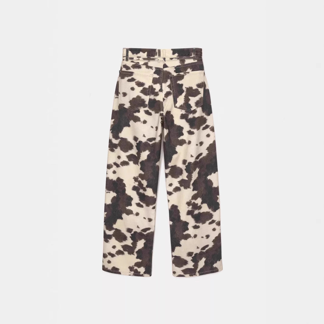 Womens Retro Washed Denim Jeans With Cow Print