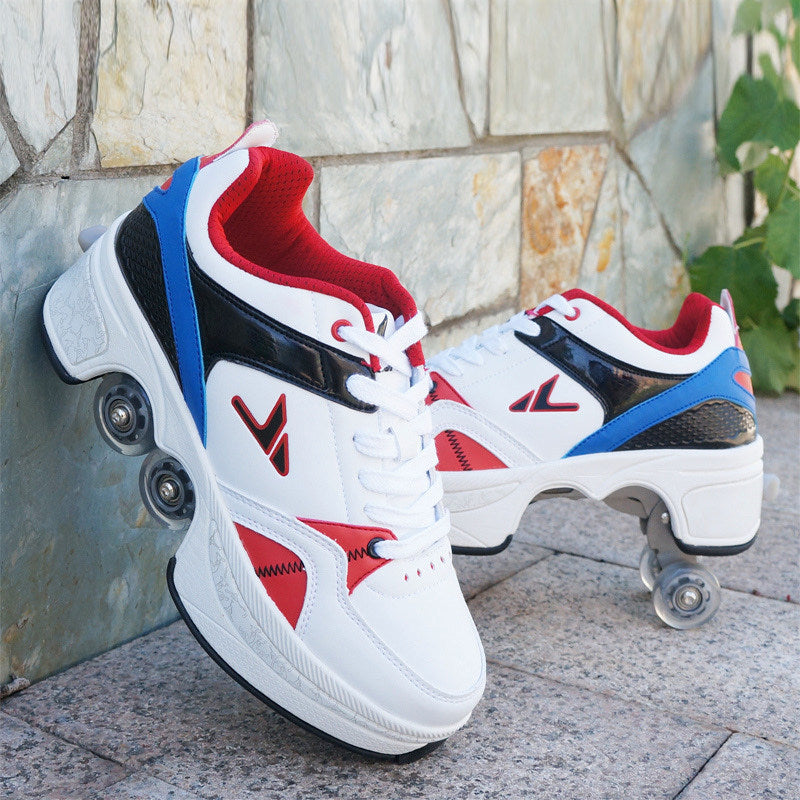 Single And Double Roller Skates For Boys And Girls Burst Walking With Wheels Student Deformed Shoes