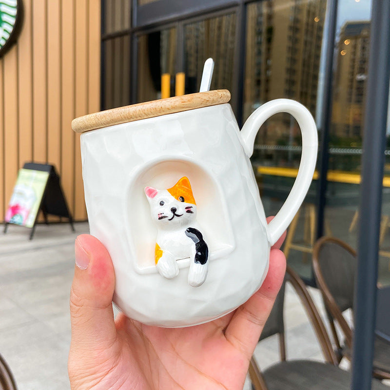 Three-dimensional Relief Ceramic Spoon With Lid Animal Shiba Inu Cup Office Water Cup Female