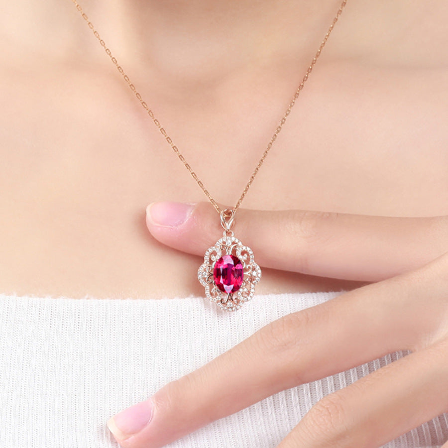 Silver Plated Rose Gold Pigeon Blood Red Necklace