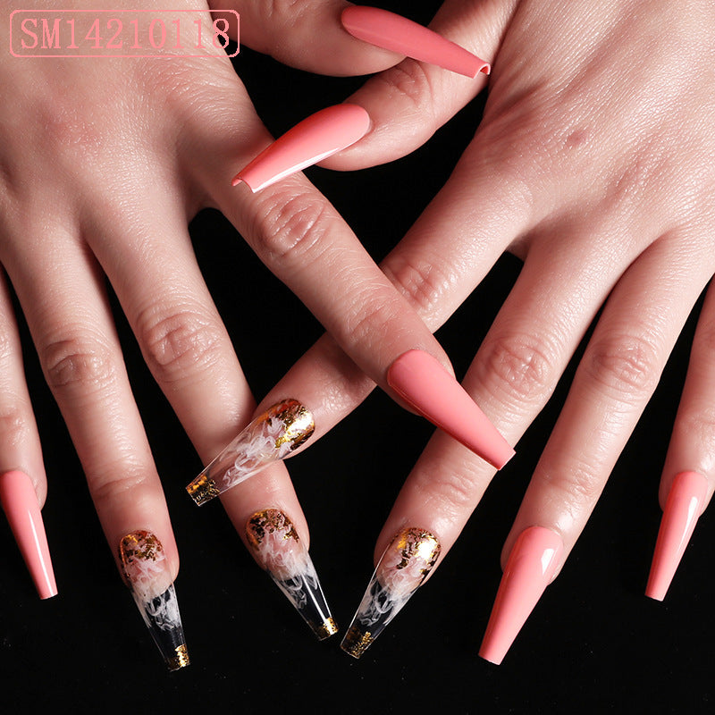 Artistic Pink Smoke Pattern Fake Nail Patch, Long Coffin Type A European And American Ballet Type A Boxed
