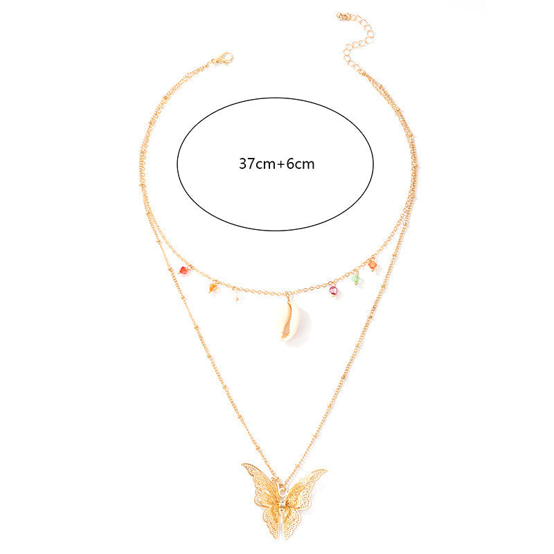 Simple Retro Ethnic Butterfly Shell Color Beads 2 Layer Necklace