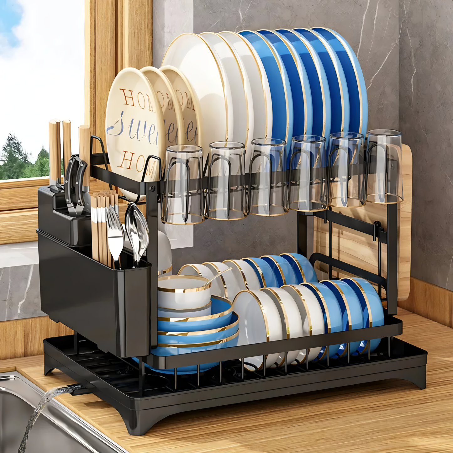 2-Tier Rotating Dish Drying Rack — 360° Swivel with Utensil Holder