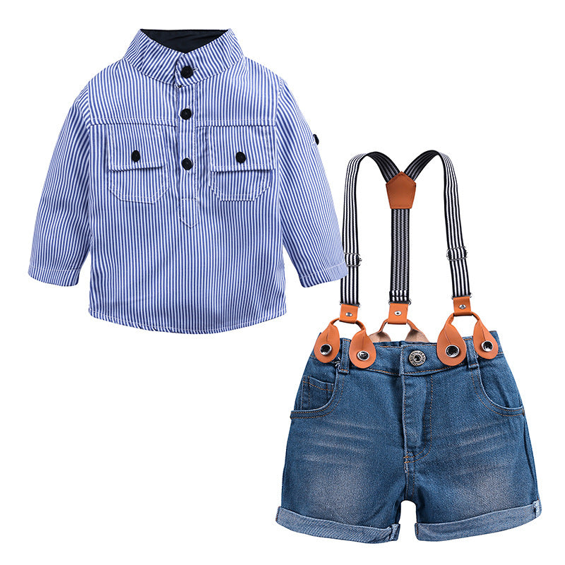 Handsome boy's blue stripe shirt and jeans trousers suit