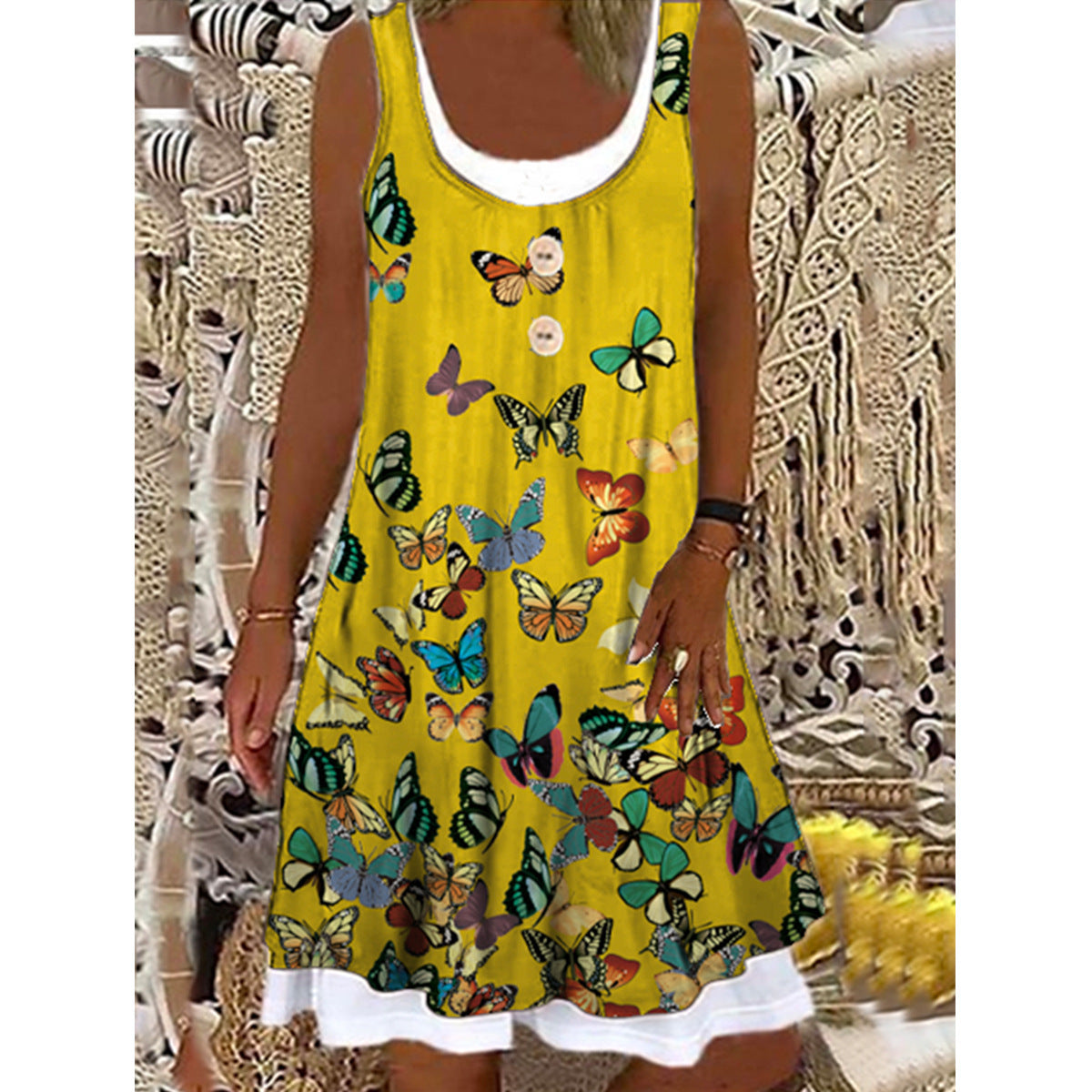 New Product Printed Butterfly Big Swing Mid-Skirt Sleeveless Tight-Fitting Button Dress