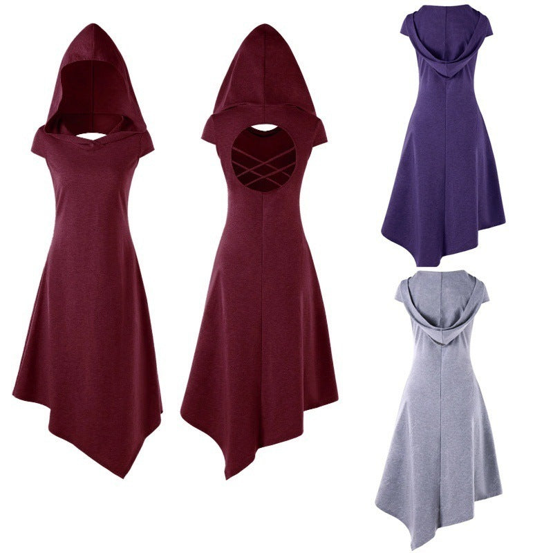 Back Hollow-out Underleg Asymmetric Hooded Midi Dress