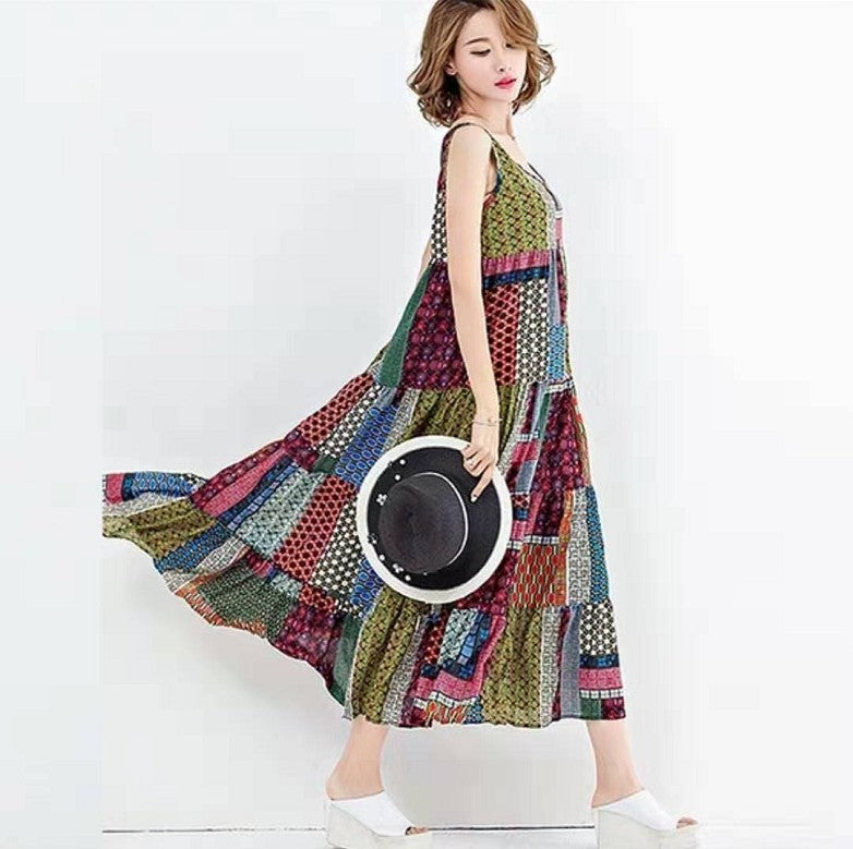 National style printed sleeveless plus size midi skirt