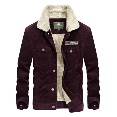 Stand collar corduroy men's loose large size jacket plus velvet thick coat