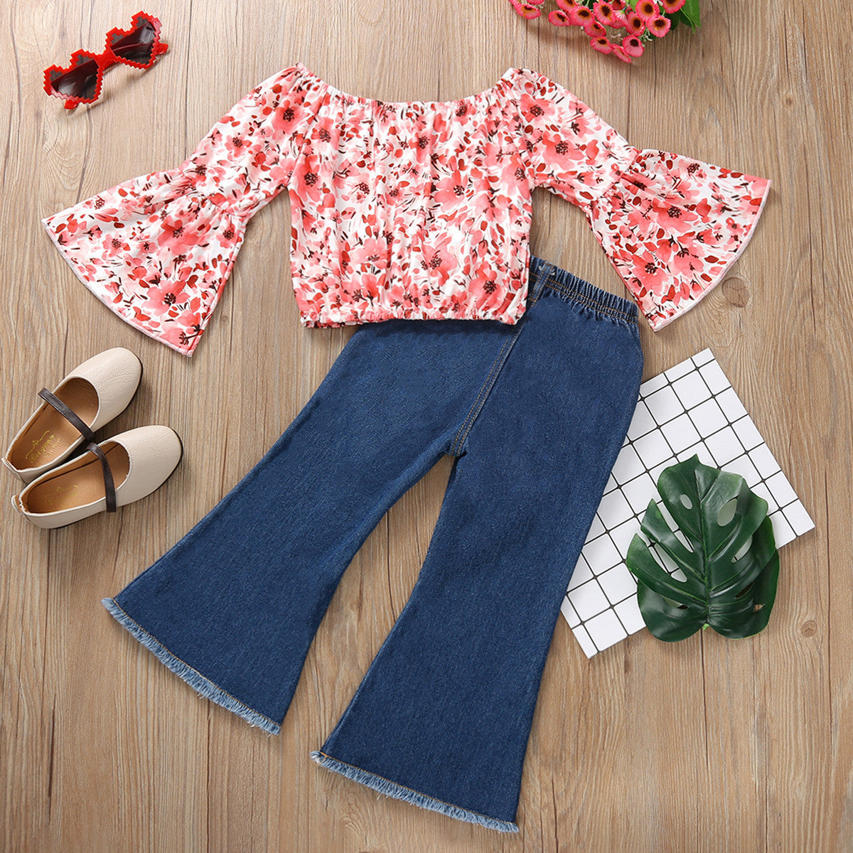 Girls Flared Sleeve Top Denim Trousers 2 Piece Set