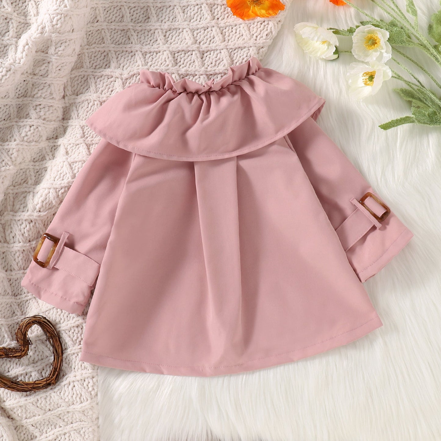 Girls' Lotus Leaf Collar Long Sleeve Trench Coat