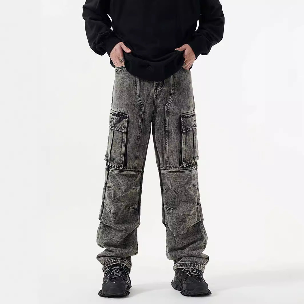 Washed Distressed Multi-pocket Jeans Wide-leg Straight Trousers