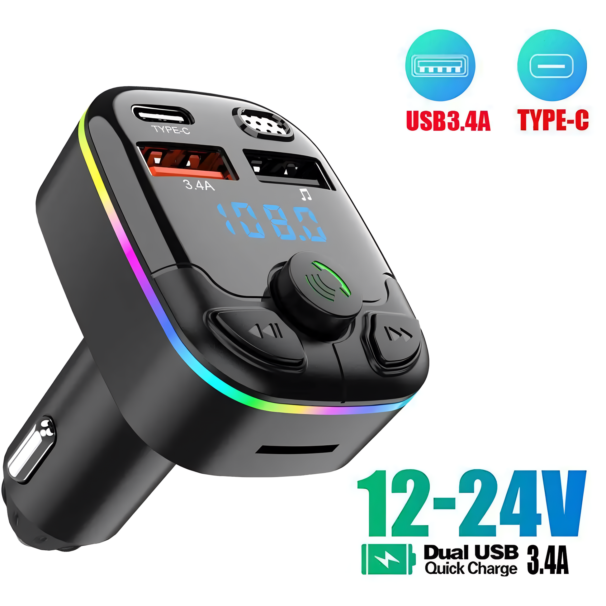Bluetooth 5.0 Car FM Transmitter with USB & Type-C
