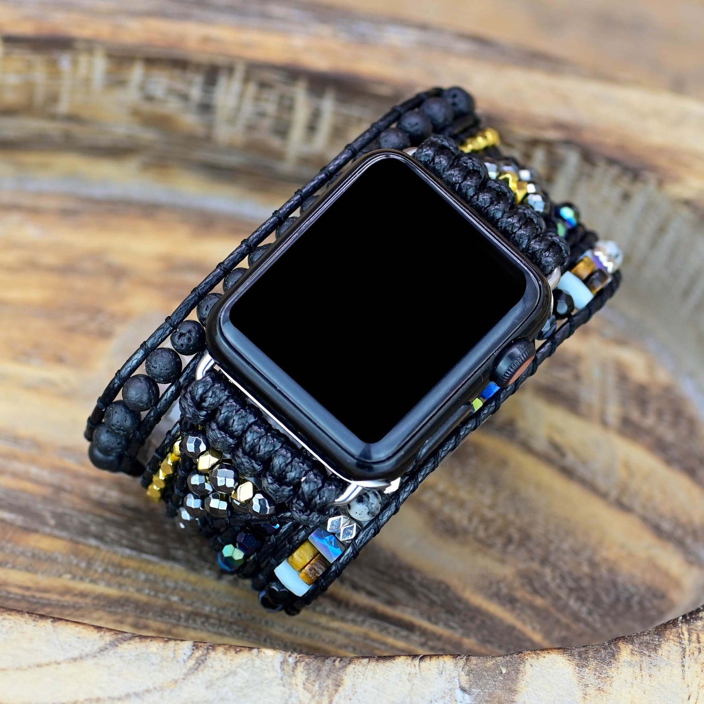 Black Retro Woven Watch Band  Natural Stone Bead Strap Bracelet