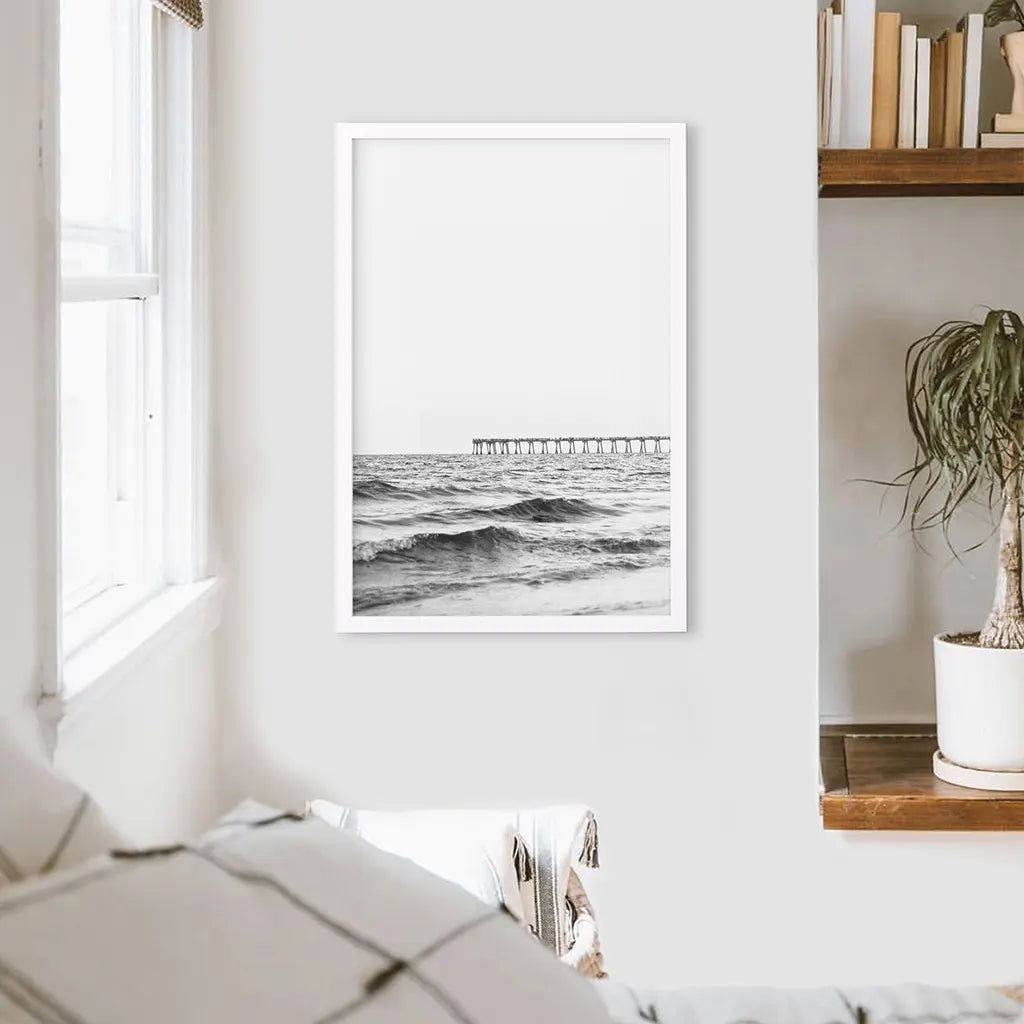 Black White Minimalistic Beach Pier Poster