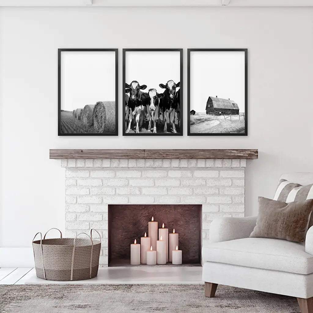 Black White Harvest on a Farm Wall Art. Cow, Hay Bale, Barn