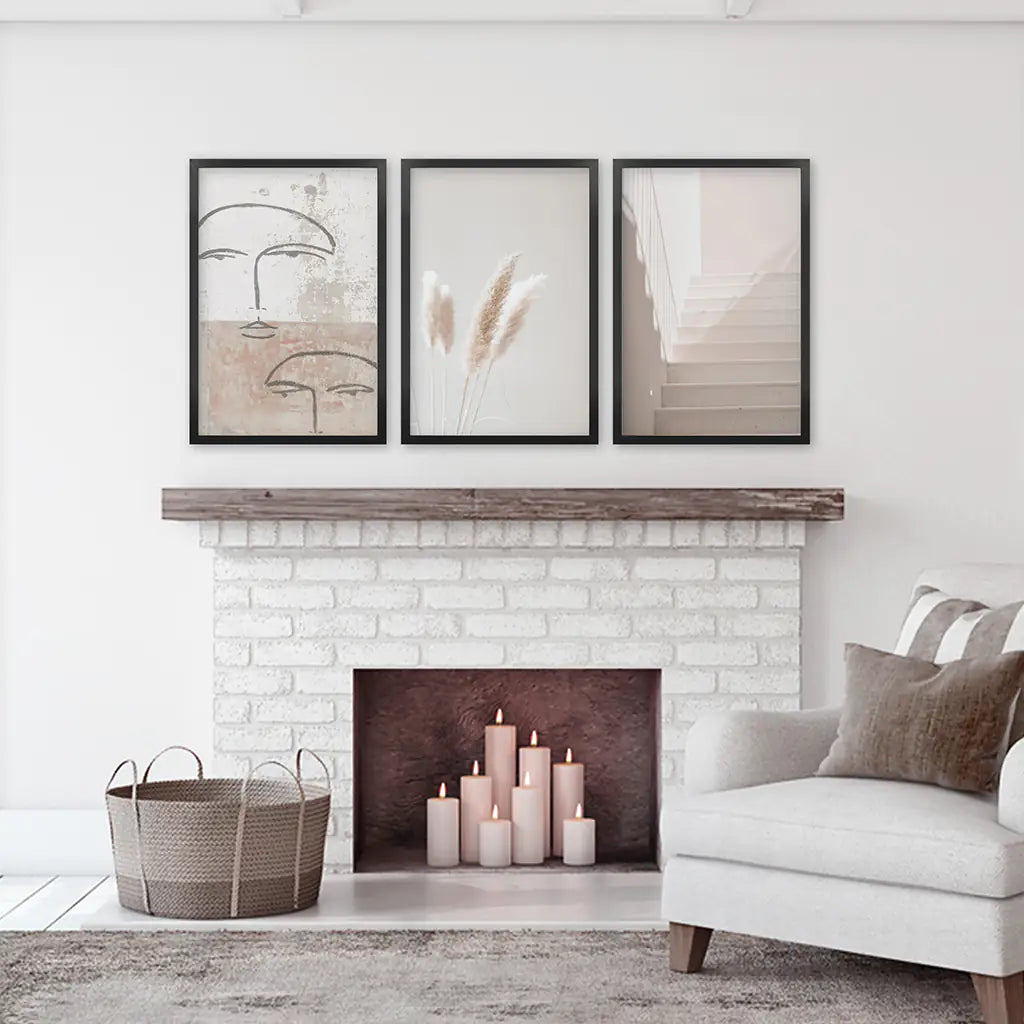 Boho Minimalist Wall Art Set. Abstract Faces, Grass, Stairs