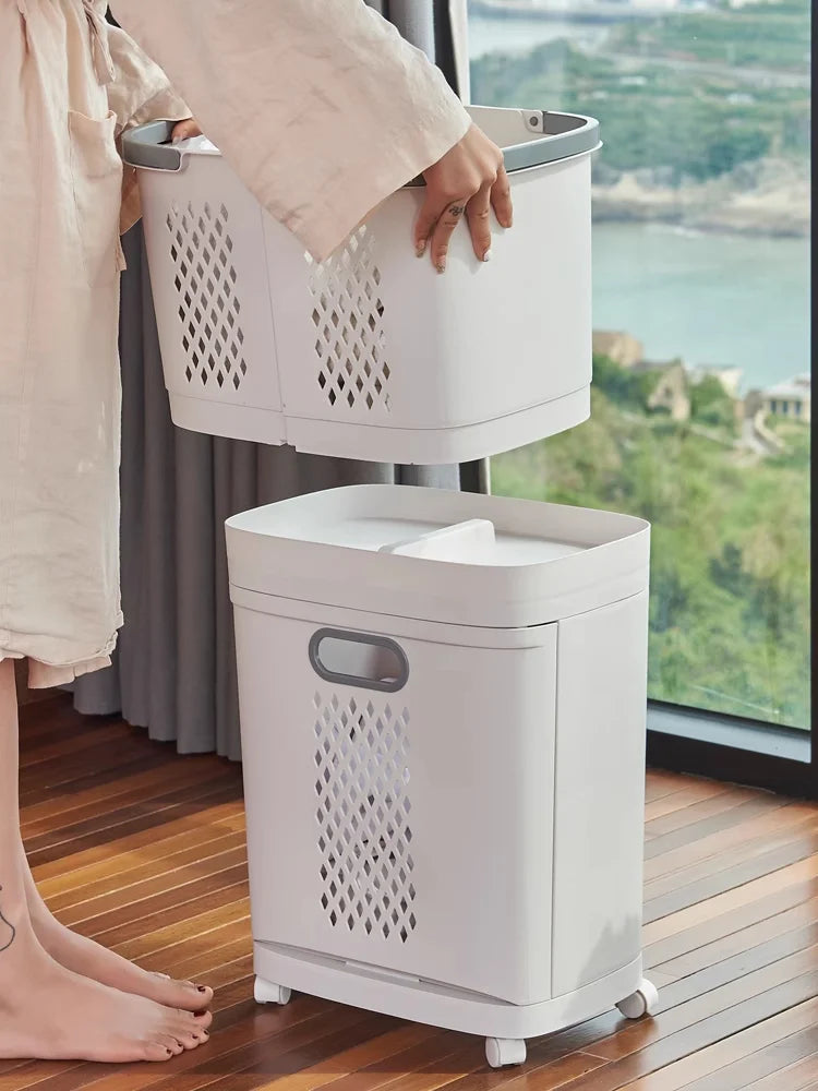 Bathroom Clothing Organizer Double Tier Storage Racks Wardrobe Space New Design Standing PP Plastic Eco-Friendly White 20-35L