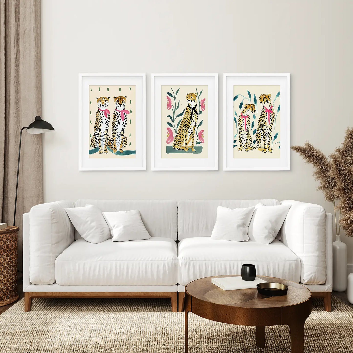 Funny Leopard Set. Modern Wall Art Prints. Beige & Pink