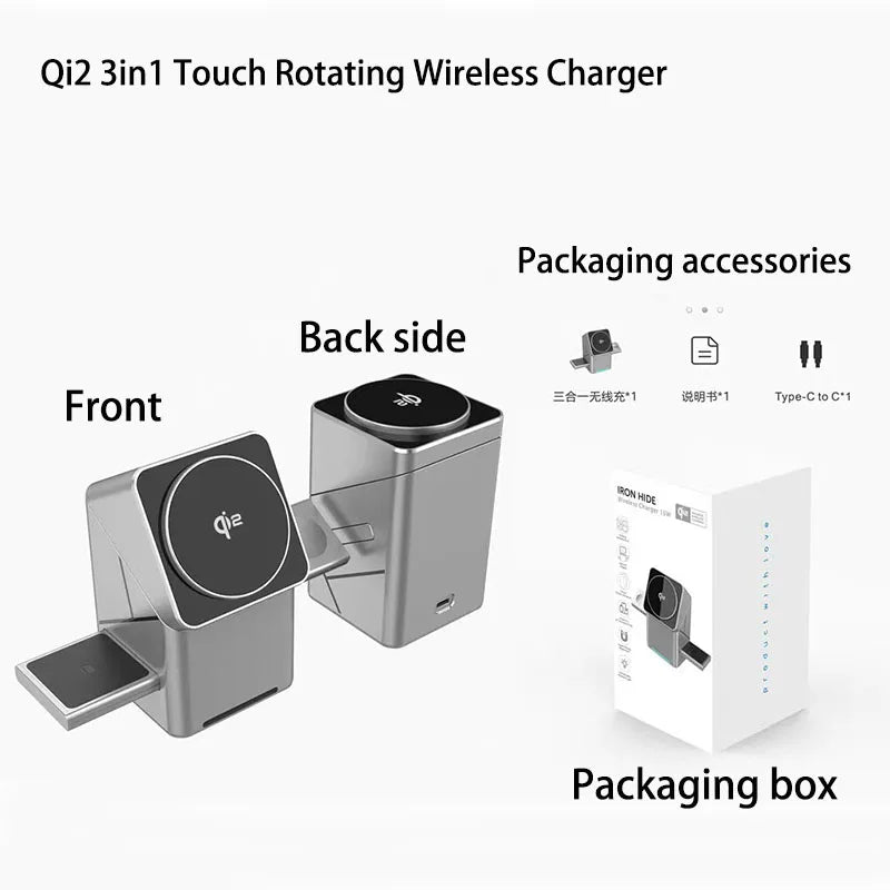Qi2 3-in-1 Magnetic Wireless Charging Stand — 15W Fast Charger for iPhone, Apple Watch & AirPods