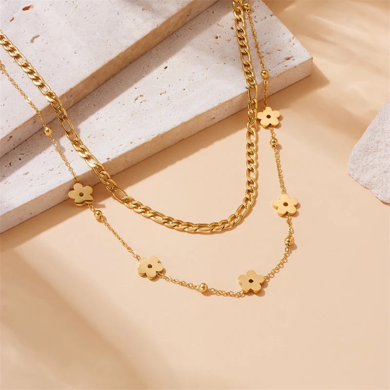 Gold Double-Layer Flower Stainless Steel Necklace