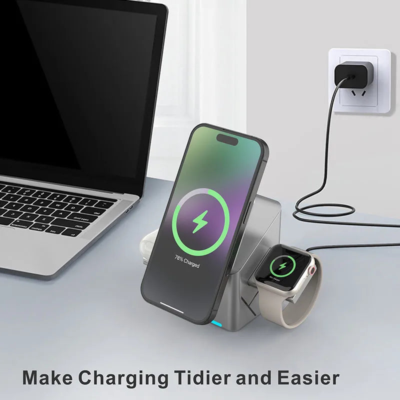 Qi2 3-in-1 Magnetic Wireless Charging Stand — 15W Fast Charger for iPhone, Apple Watch & AirPods