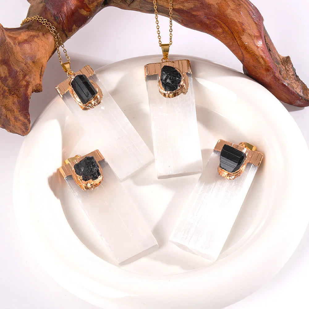 Natural Selenite & Black Tourmaline Crystal Set