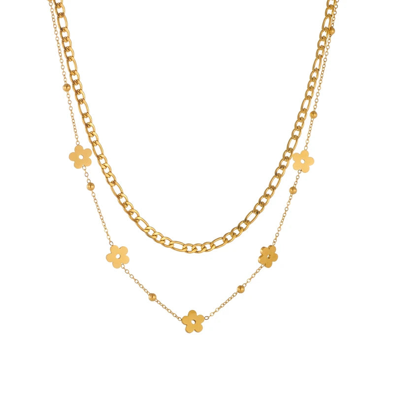 Gold Double-Layer Flower Stainless Steel Necklace