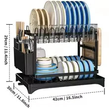 2-Tier Rotating Dish Drying Rack — 360° Swivel Drainboard with Utensil Holder, No-Drill Metal Organizer