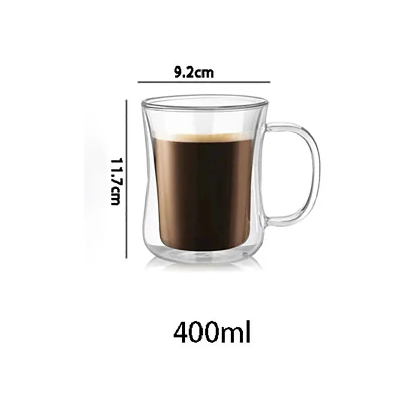 Double Wall Glass Coffee Mug with Handle — Hot & Cold Beverages, 220–400ml