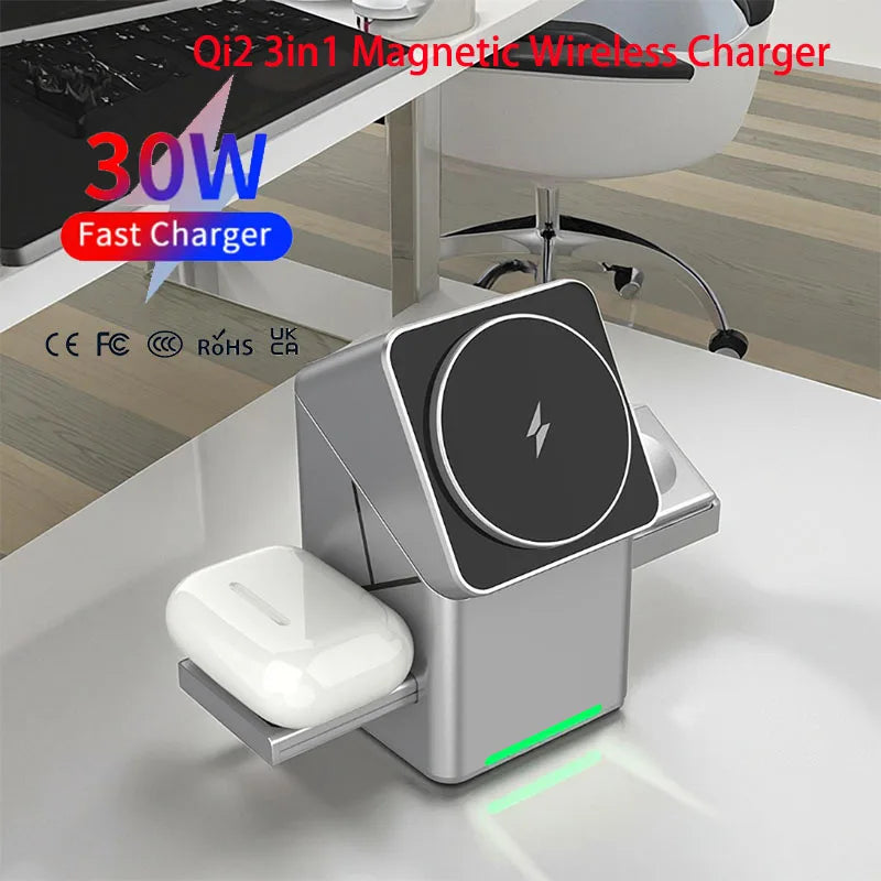 Qi2 3-in-1 Magnetic Wireless Charging Stand — 15W Fast Charger for iPhone, Apple Watch & AirPods