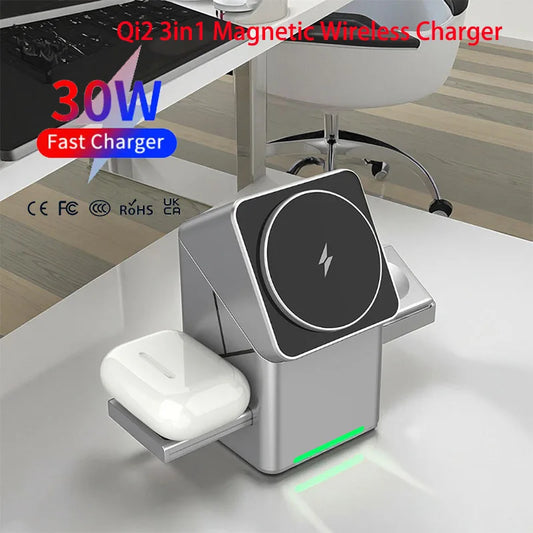 Qi2 3-in-1 Magnetic Wireless Charging Stand 15W iPhone Apple Watch AirPods - Ontimebazaar