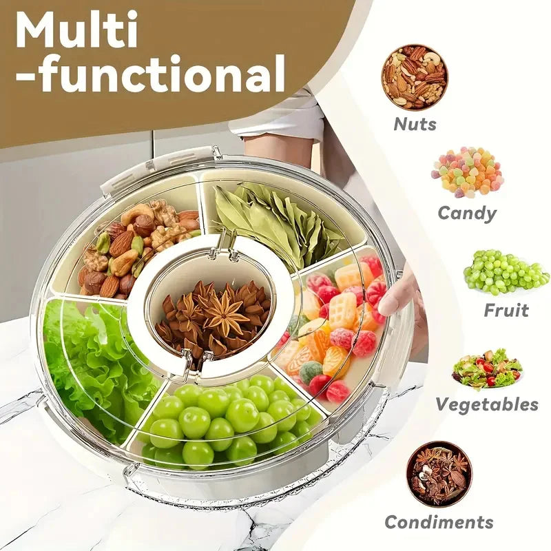 Rotating Divided Snack Serving Tray with Lid — Portable Snackle Box for Parties & Entertaining