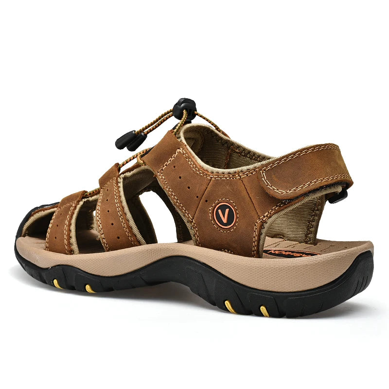 Men's Genuine Leather Sandals — Casual Summer Beach Shoes, Sizes 38–48