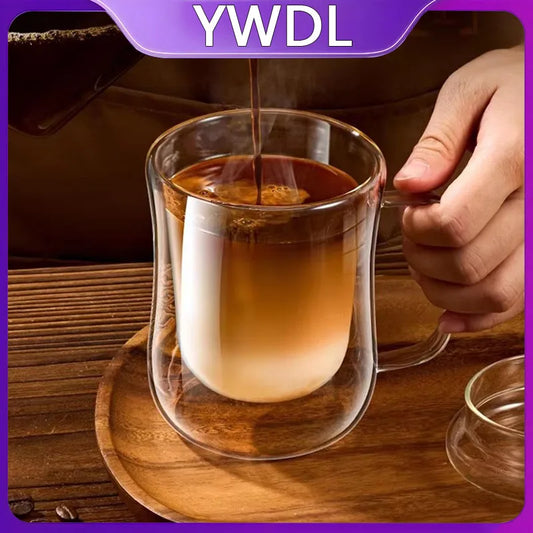 Double Wall Glass Coffee Mug with Handle — Hot & Cold Beverages, 220–400ml