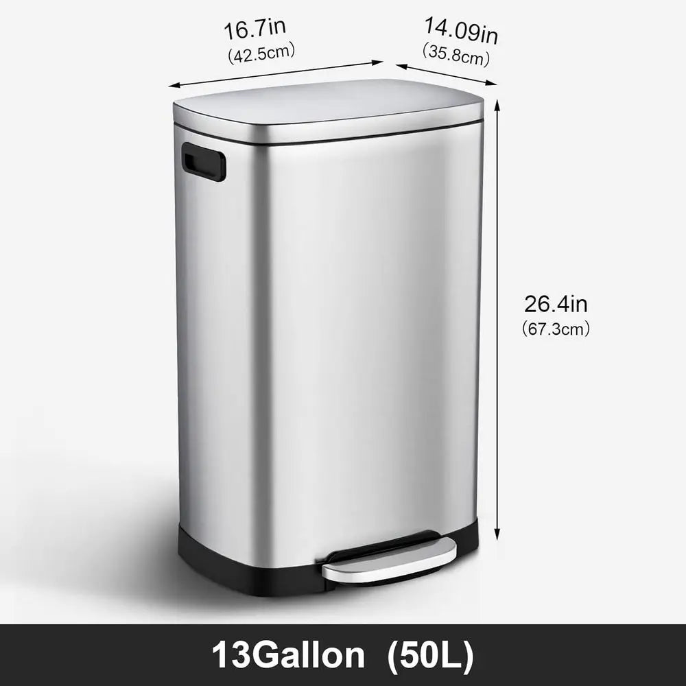 13 Gallon Stainless Steel Pedal Trash Can with Lid, 50L Capacity, Removable Bucket, Suitable for Home and Office