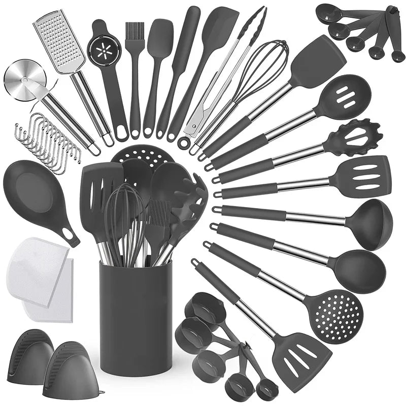 43-Piece Silicone Kitchen Utensil Set — Heat-Resistant, Non-Stick Safe with Stainless Steel Handles