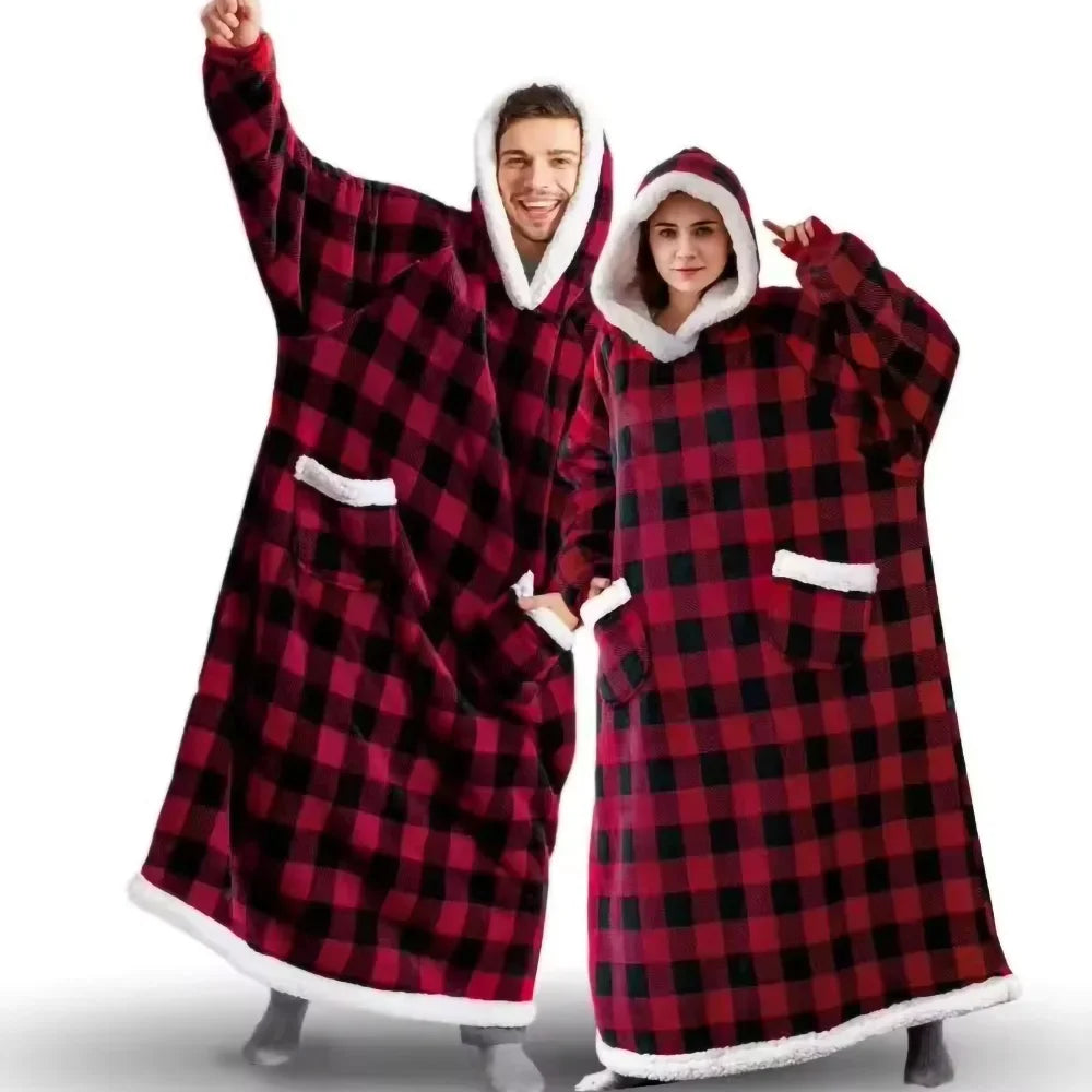 150/180cm Winter Thick Blanket Extra Plush Hoodie Lengthened Large Pocket Imitation Cashmere Home Coat Fleece TV Blanket 1pc