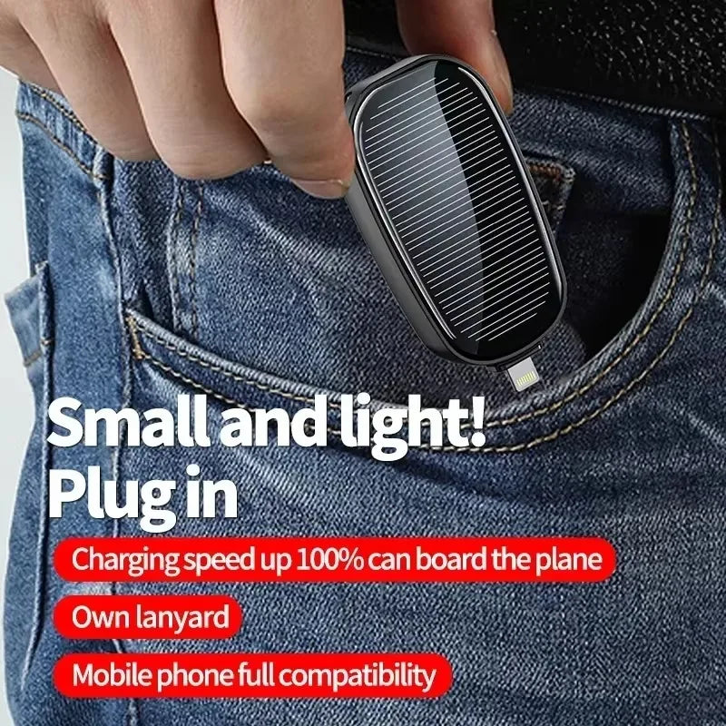 Solar Keychain Power Bank — 1200mAh Mini Emergency Charger for iPhone & USB-C Devices