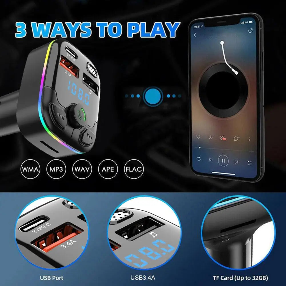 Bluetooth 5.0 Car FM Transmitter with USB & Type-C