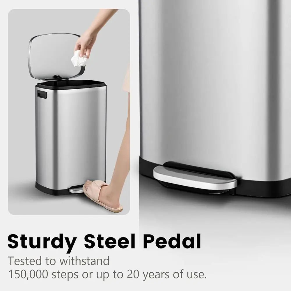 13 Gallon Stainless Steel Pedal Trash Can with Lid, 50L Capacity, Removable Bucket, Suitable for Home and Office