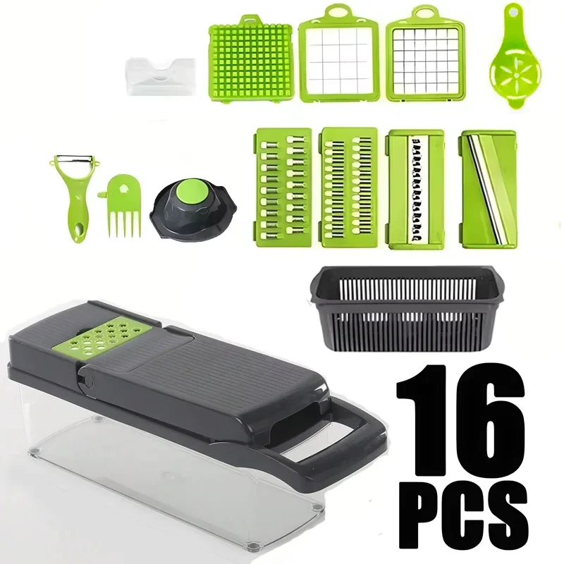 16-in-1 Vegetable Chopper & Slicer Set — with Container & Safety Guard