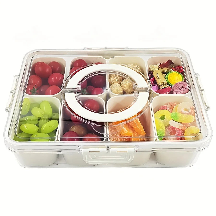 Rotating Divided Snack Serving Tray with Lid — Portable Snackle Box for Parties & Entertaining
