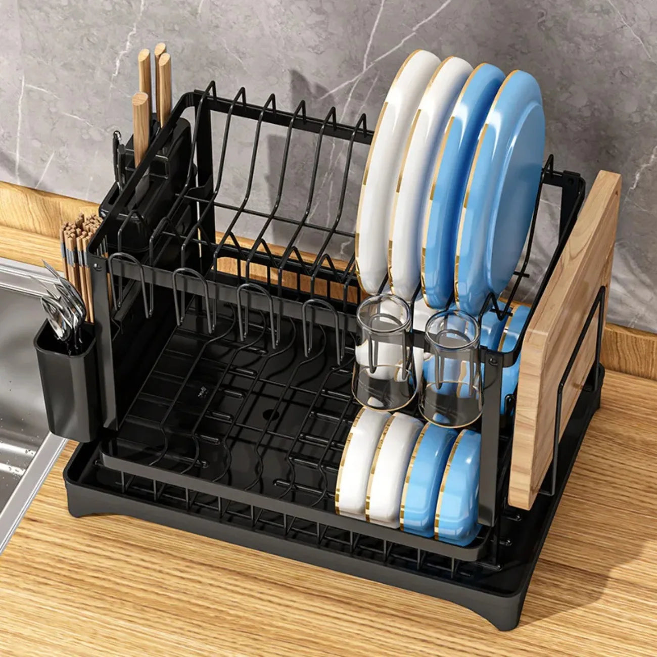 2-Tier Rotating Dish Drying Rack — 360° Swivel Drainboard with Utensil Holder, No-Drill Metal Organizer