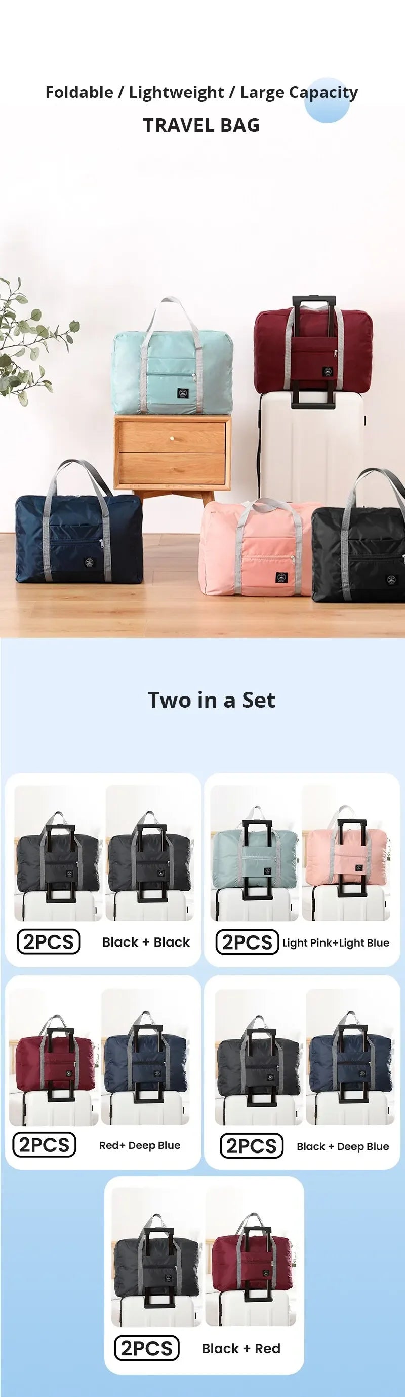 2-Pack Foldable Travel Duffel Bag — Carry On, Weekender & Gym Bag