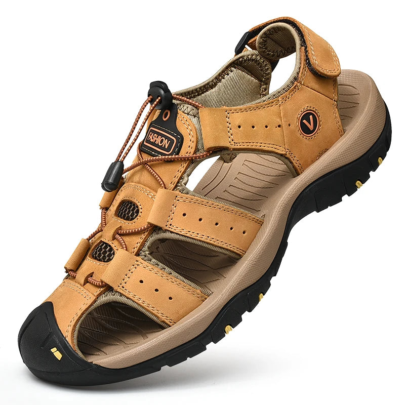 Men's Genuine Leather Sandals — Casual Summer Beach Shoes, Sizes 38–48